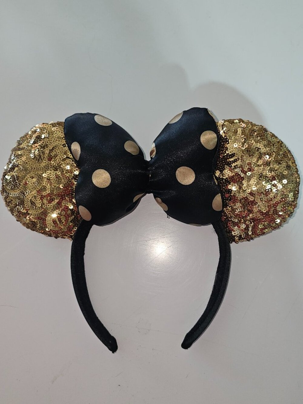 Minnie Mouse Ears - Gold Sequins - Black and Gold Polka Dot Bow